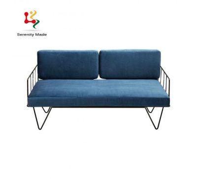 High-Quality Blue Fabric Upholstered Metal Frame 2 Seats Couch Sofa with Arms for Apartment