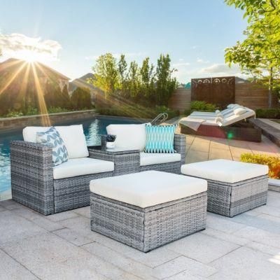5 Pieces Outdoor Patio Wicker Sofa Set Grey Rattan and Beige Cushion with 2pieces Pillows