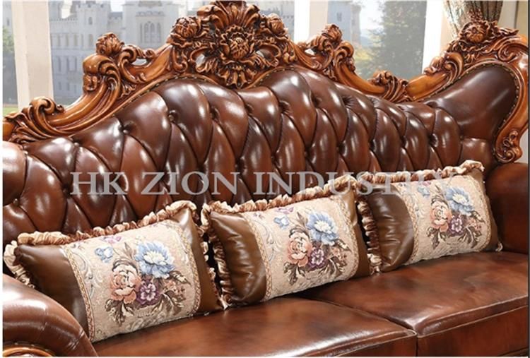 High End European Style Antique Sofa Classic Living Room Furniture Sets Chaise Longue Brown Solid Wood Frame Genuine Leather Sectional Sofa