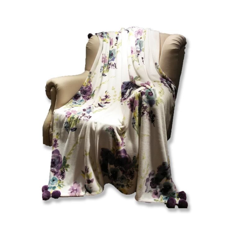 100% Polyester Printed Flannel Fleece Bedding Sofa POM POM Blanket