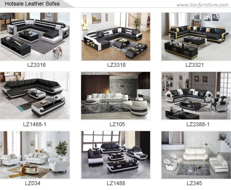 Modern Leather Home Furniture Genuine Leather LED Sofa Set with Storage Armrest