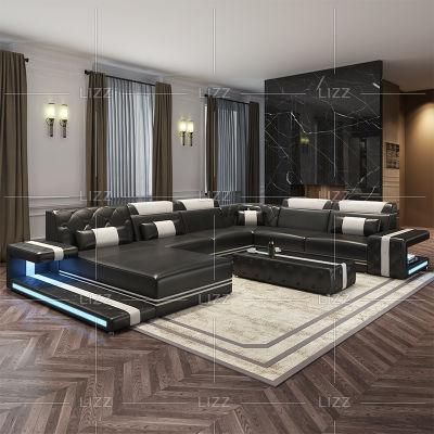 Wholesale Modern Italian Office Furniture Leisure Living Room Genuine Leather Functional Sofa Sets with LED Lights