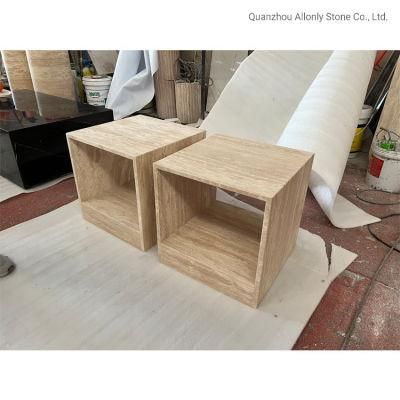 Cubic Block Travertine Solid Stone Bedroom Side Table for Hotel Design