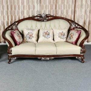 Cream Color Ash Wooden Carved Royal Leather Sofa (606)