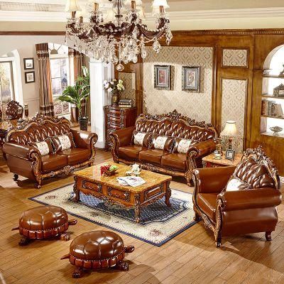 Home Furniture Factory Wholesale Wood Carved Leather Sofa in Optional Furnitures Color and Couch Seat