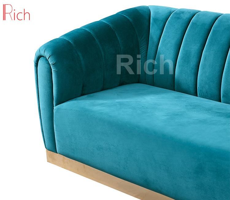 Modern Home Living Room Furniture Sky Blue Fabric Velvet I Shaped Leisure Couch Sofa Three Seat