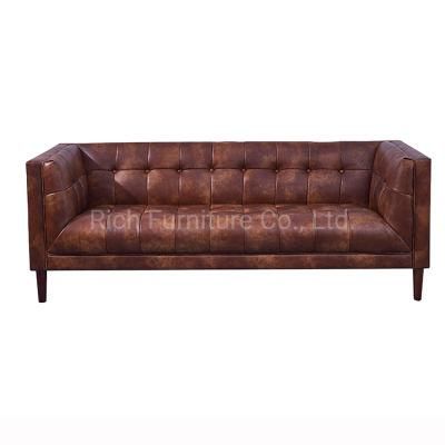 Modern European Furniture 3 Seater Sleeping Couch Brown Leather Living Room Wooden Sofa