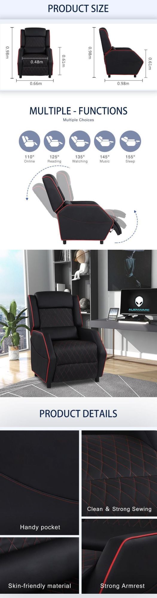 Ergonomic PU Leather Reclining Single Gaming Sofa Chair Gamer with Legrest Home Theater