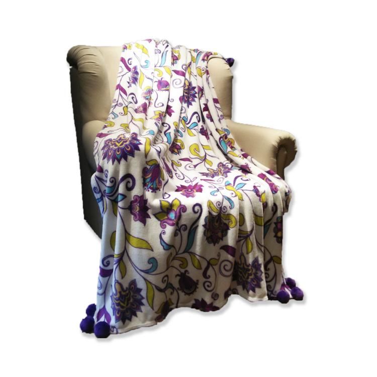 100% Polyester Printed Flannel Fleece Bedding Sofa POM POM Blanket