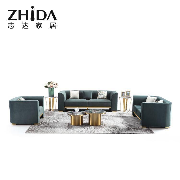 Velvet New Luxury European Style Sofa with Arc Armrest Gold Feet Stainless Steel Living Room Couch for High-Class Resident