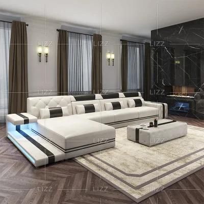 Cheap European Upholstered Home Furniture Modern L Shape Geniue Leather Sofa with LED Lights