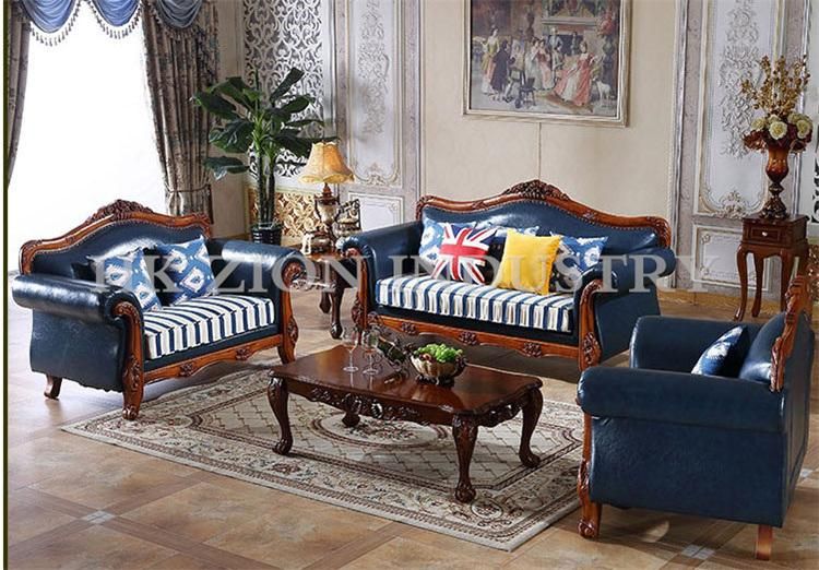 Royal Luxury European Style Living Room Sofa Couches Living Room Furniture Sofa Set Blue Leather Homeliving Furniture Recliner Sofa
