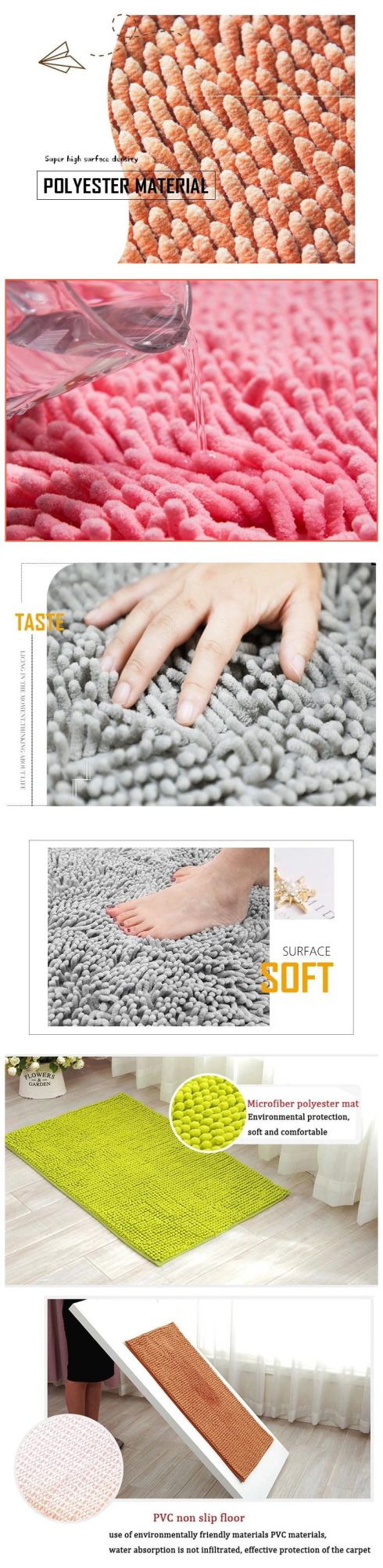 Washable Water Absorbent Latex Backing 100% Polyester Microfiber Bathroom Chenille Shag Bath Mat