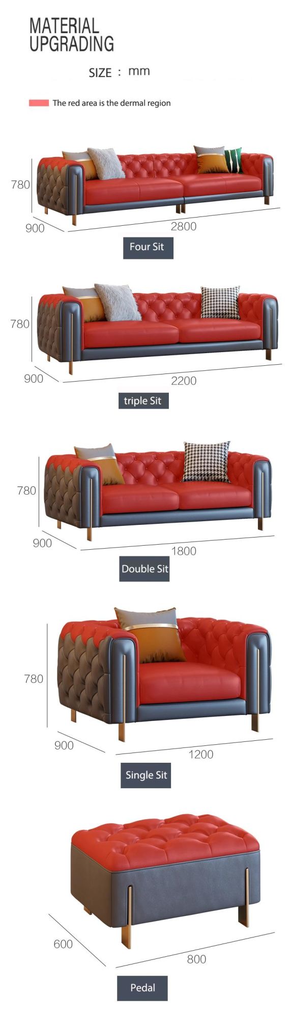 2022 Wholesale Foshan Furniture Luxury Hotel Living Room Modern Leather Seater Sofa