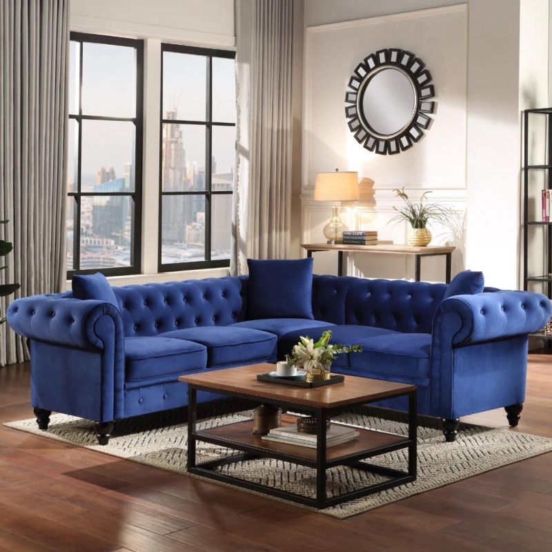 Sectional Tufted Velvet Upholstered Sofa Love Seat & 3 Seat Sofa Roll Arm Classic Chesterfield Sofa Set 3 Pillows Included Wooden Sofa