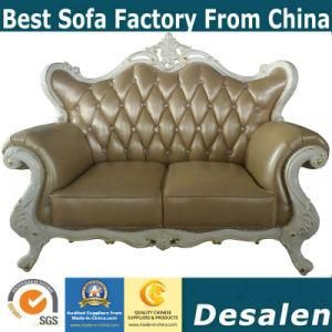 High Quality Wooden Carved Love Seat Royal Leather Sofa (022#)