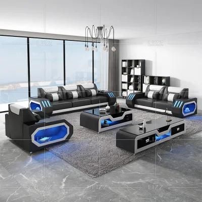 New American Style High Quality LED Light Real Italian Leather Sofa Leisure Home Living Room Furniture