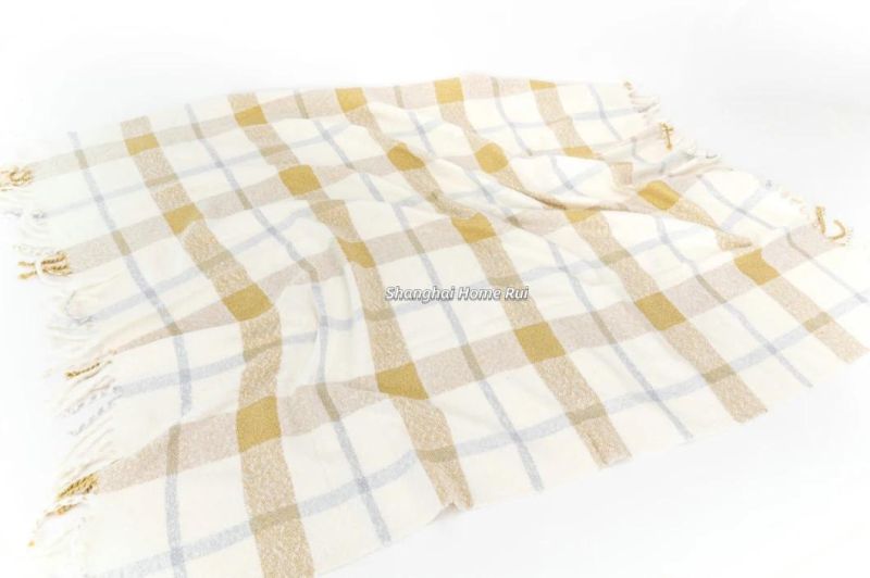 Home Outdoor Travel Bed Sofa Car Soft Warm White Multi Woven Self-Fringe Tassel Plaid Checks Waffle Throw Blanket Cover