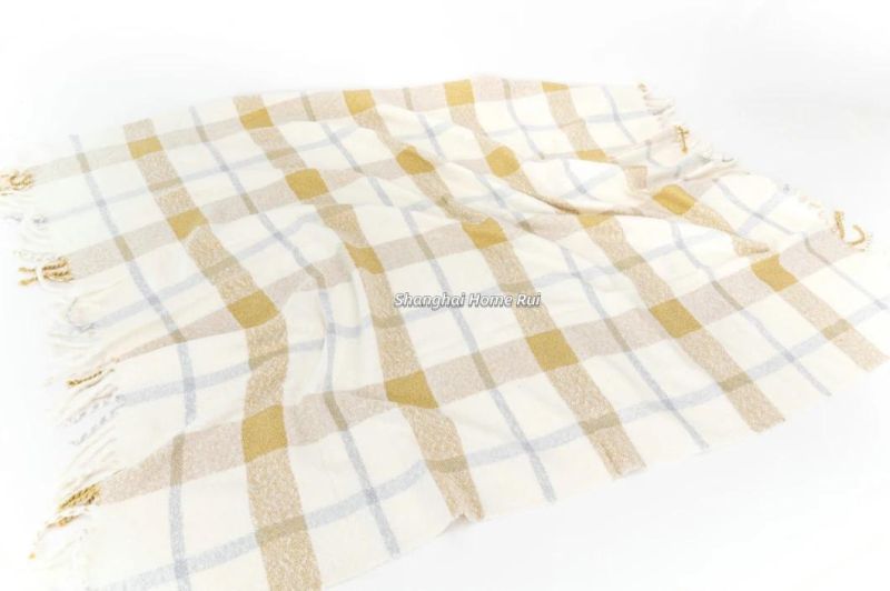 Home Outdoor Travel Bed Sofa Car Soft Warm White Multi Woven Self-Fringe Tassel Plaid Checks Waffle Throw Blanket Cover