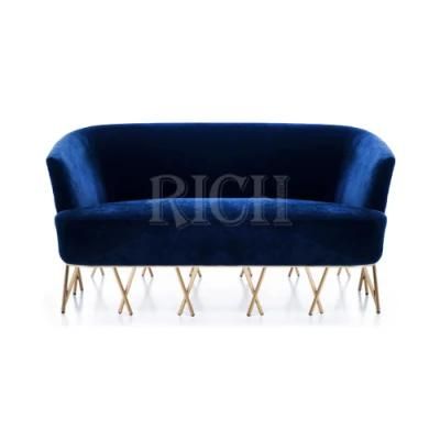 Golden Metal Crossed Legs Blue 2 Seater Couch Velvet Fabric Loveseat Sofa