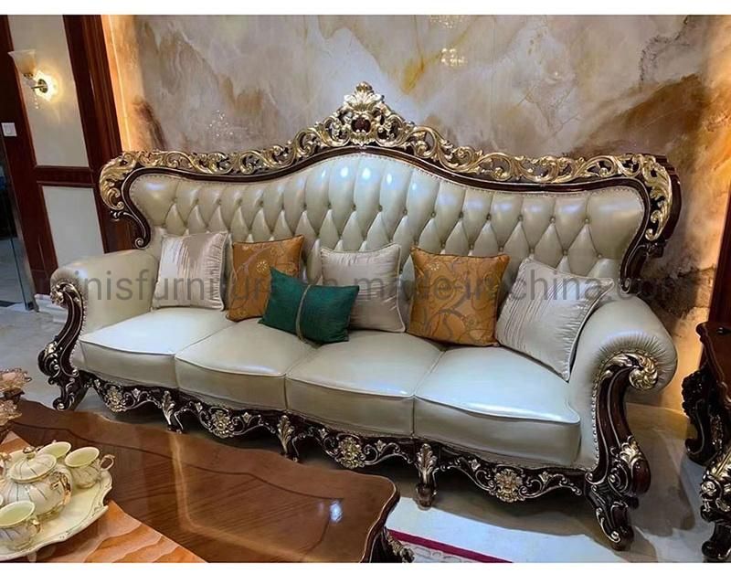 (MN-CSF09) Hotel/Home Living Room Hand Engraving Solid Wood Leather Sofa Set
