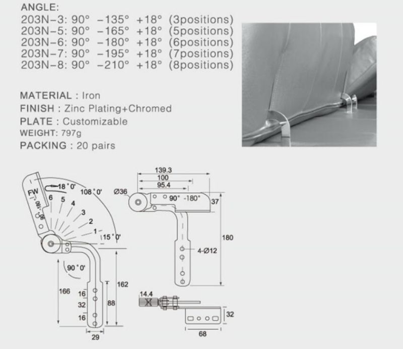 Furniture fittings 90-165 degree chromed sofa headrest mechanism hinge