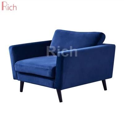 Home Wooden Couch Furniture Navy Blue Fabric Velvet Single Sofa