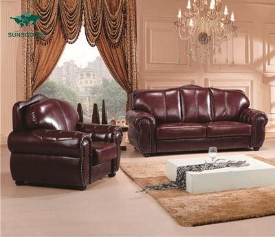 Home Living Room Furniture Full Genuine Leather Vintage Accent Wooden Frame Sofa