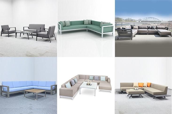 Modern Outdoor Grey Aluminum Sofa Set with Wood Armrest