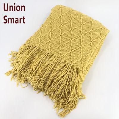 Yellow Blanket Textured Solid Soft Sofa Couch Decorative Knitted Blanket