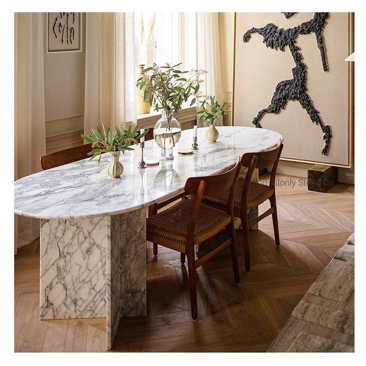 Luxury Home Furniture 4 Seater White Arabescato Calacatta Marble Dining Table Set