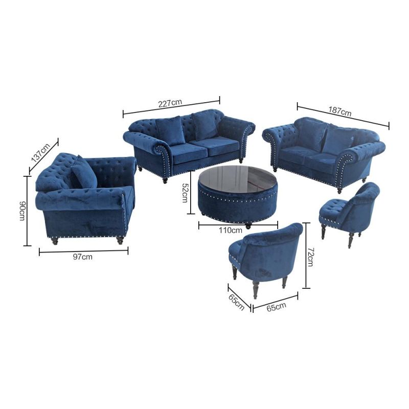 Modern Temporary Two Seater Couch Leisure Home Blue Velvet Fabric Sofa Wholesale Living Room Furniture Set with Wooden Legs