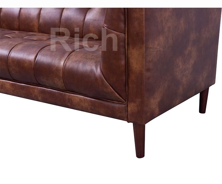 European Style Home Furniture Single Seat Soft Couch Living Room Brown Leather Wooden Sofa