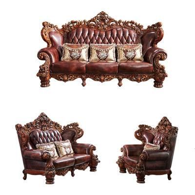 Home Furniture Antique Wood Leather Sofa with Coffee Table in Optional Sofas Seats and Furnitures Color