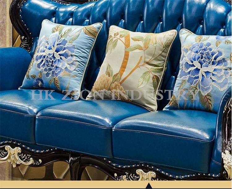 Luxury Style Sofa Set 1+2+3 Seater Home Villa Hotel Living Room Furniture European Style Sofa First Layer Cowhide Blue Leather Sofa