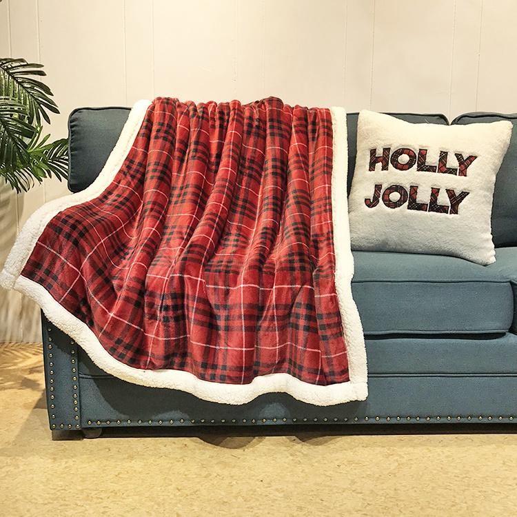 100% Polyester Holly Jolly Revsible Sherpa Bedding Sofa Blanket & Pillow Set