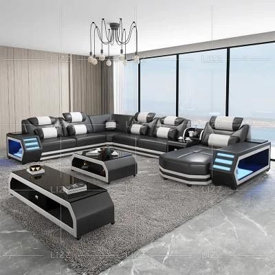 Modern Home U Shape Living Room Furniture Office Functional Genuine Leather Sofa Set