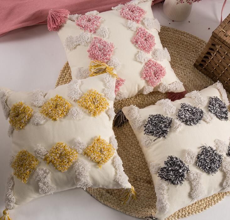 New Cotton Tufted Pillow Case Hand Embroidered Cushion Living Room Sofa Office Pillowcase