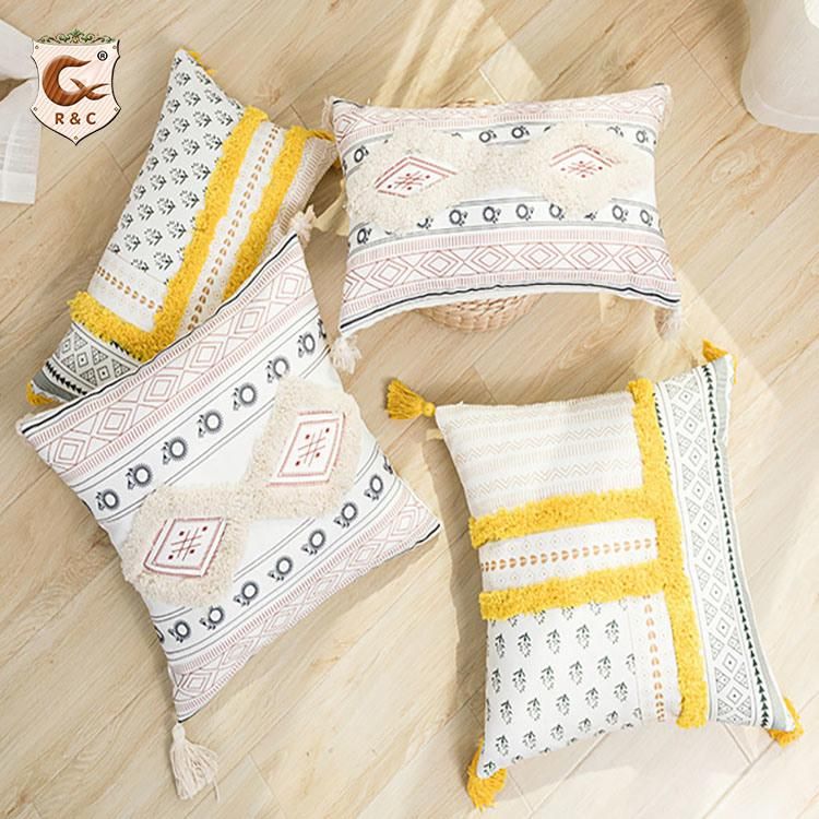 Bohemian Design Velvet Soft Cushion Cover for Sofa Geometric Printed Pillow Case with Tassel New Design Cushion Cover