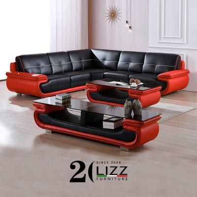 Modern European Home Furniture Set Leisure Living Room L Shape Red and White Genuine Leather Sofa