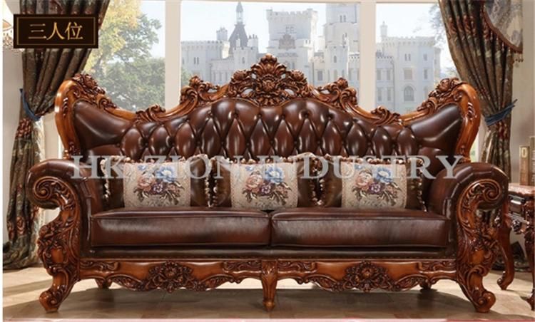 High End European Style Antique Sofa Classic Living Room Furniture Sets Chaise Longue Brown Solid Wood Frame Genuine Leather Sectional Sofa