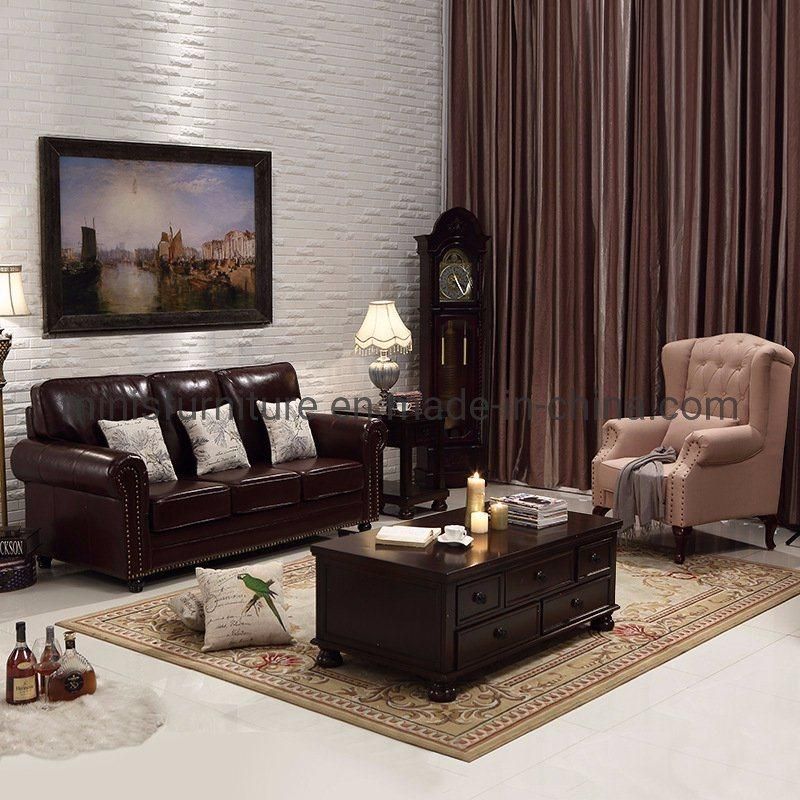 (MN-HSF13) English Style Home Living Room/Hotel Furniture Brown Leather 1+2+3 Sofa Set