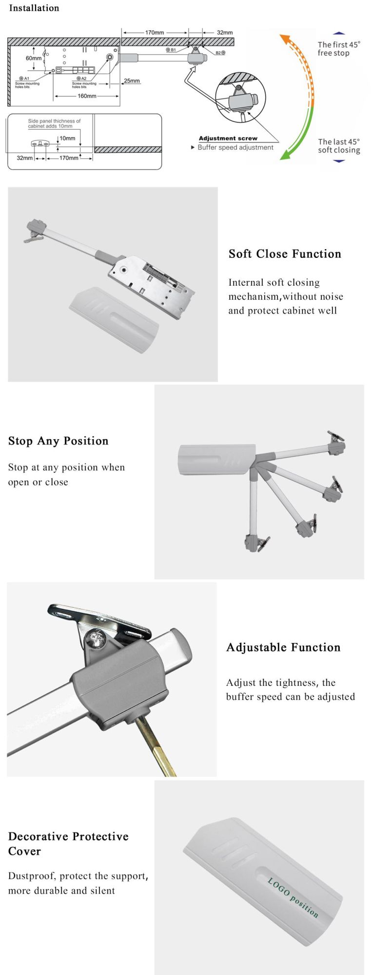 Hydraulic Soft Close Lid Stay Support of Opening Flap Doors Kitchen Cabinet Door Stay Lift Support