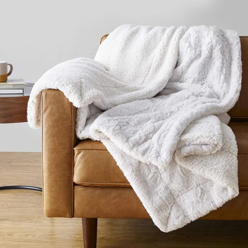 Striped Faux Fur Throw Blanket for Couch 60"X80" Beige Warm Milky Plush Blanket for Sofa Bed Living Room Bedroom