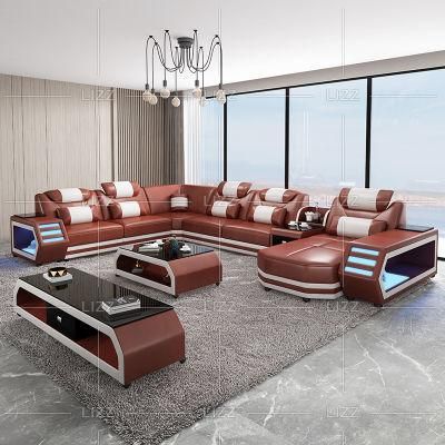 European Functional Home Genuine Leather Bed Couch Leisure Living Room Sofa Set with LED Lights