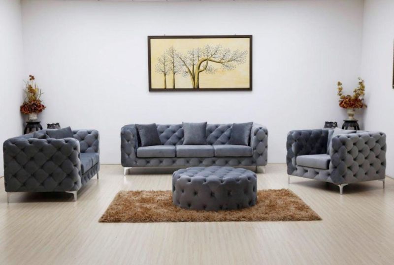 Modern Home Furniture Couch Grey Velvet Button Tufted Sofa Set Chesterfield Modern Living Room Sofa in Large Size