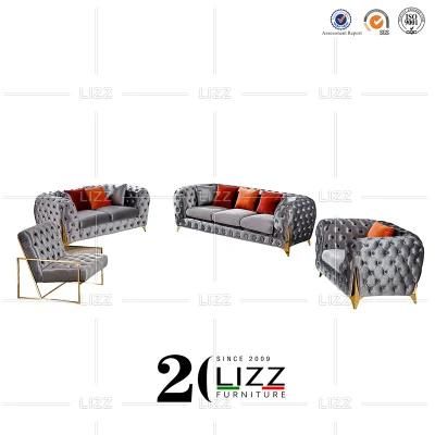 Royal Luxury Living Room Home Chesterfield Sectional Leisure Velvet/Linen Fabric Sofa Furniture Set with Stainless Steel Leg