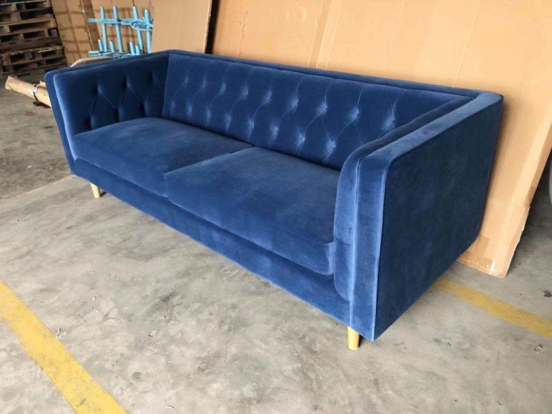 Modern Living Room Furniture Navy Blue Velvet Tufted Sofa with Wood Legs