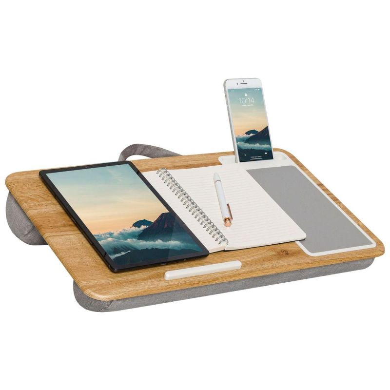 Gogobs Home Office Lap Desk with Device Ledge Mouse Pad, and Phone Holder Lap Desk with Pillow Solid Wood Plastic Bamboo Laptop Tray Bed Sofa Desk Table