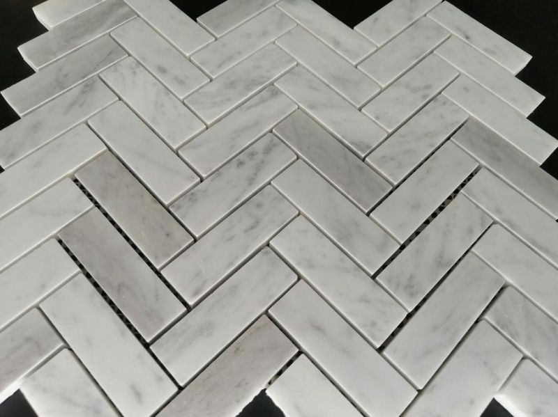 Carrara White Stone Mosaic, Herringbone, Dumb Face, Polished Surface, Used in The Kitchen, Sofa, TV Setting